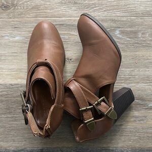 BAMBOO Tan Heeled Ankle Boots with Buckle